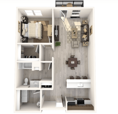 Floor plan for 1 bed, 1 bath, 870 sqft